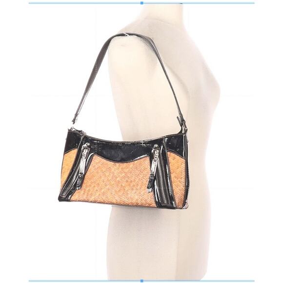 Etienne Wicker Purse HandBag Pocket Zip Shoulder bag Black Patent Leather - Picture 1 of 9